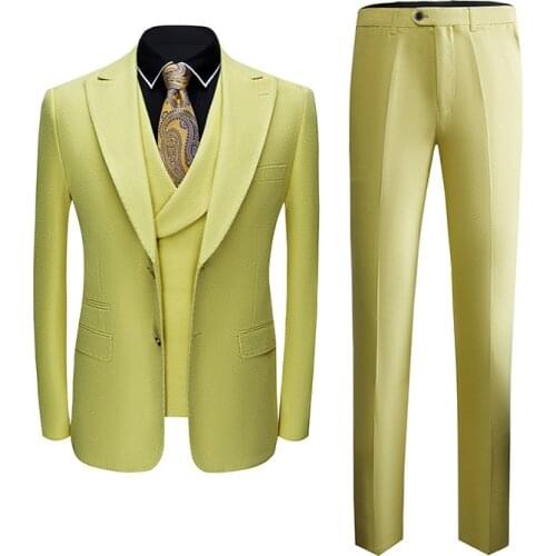 2021 Newest Design Green White Yellow Groom Wedding Suits For Men Three Piece Prom Party Suit Double Split Suits Vest Pants