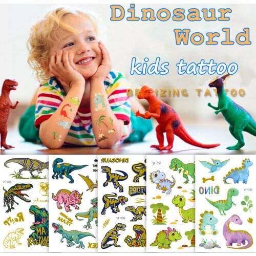 Dinosaur Tattoo Stickers Cartoon Bronzing Fake Temporary Tattoo Stickers for Kids Boy Girl Face Arm Body Art Stickers Toys