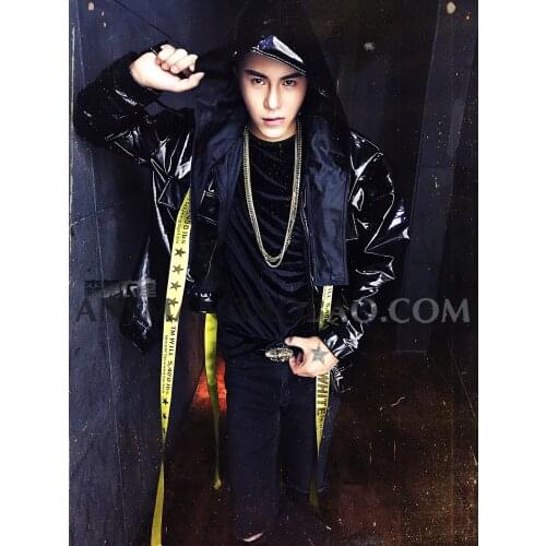 Nightclub male singer DJ has hip-hop glossy patent leather HipHop tide brand ribbon leather jacket national tide mens clothing
