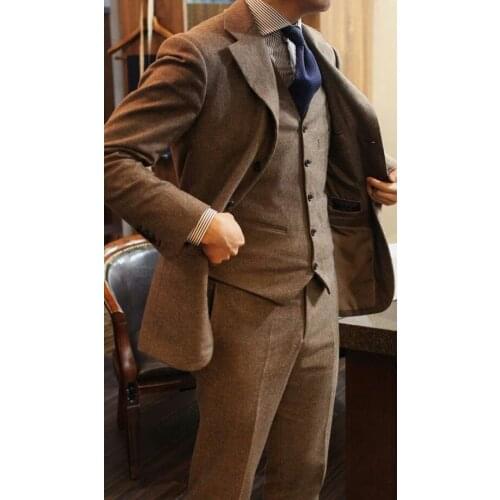 2018 Latest Coat Pant Designs Brown Tweed Men Suit Slim Fit Skinny 3 Piece Tuxedo Custom Groom Prom Blazer Style Suits Masculino
