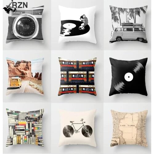 2019 New Retro Black White Printed Pillowcase Nostalgic Record Camera Polyester Sofa Cushion Cover Decorations for Home Decor