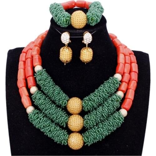 New Dudo African Necklace Set Green Bold Crystal Pippar 100% Original Coral Beads Jewelry Set With Gold Balls Free Ship 2018