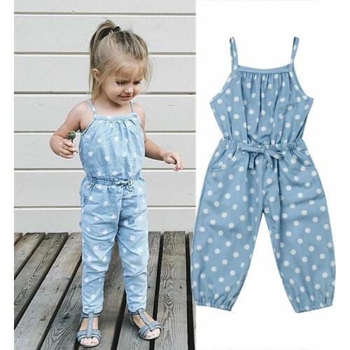 1-5Y Cute Infants Baby Girl Romper Sleeveless Blue Wave Point Bib Pants Trousers Summer Clothes Top