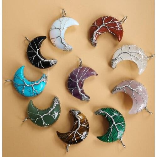 2021New ladies fashion OL winding crescent natural stone amethyst tree of life necklace handmade rich tree exotic party necklace