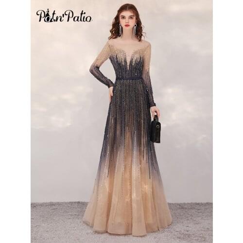 Luxury Heavy Handmade Beads Evening Dresses 2021 Elegant O-Neck A-line Floor-length Long Sleeve Women Formal Gowns