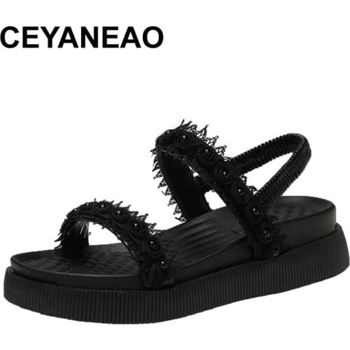 CEYANEAO Sandals 2021 New Chain Pearl Flat Women Sandals Fashion Lace Shoes Lightweight Womens Summer Designer Studded Sandals