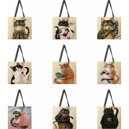 Tokyo illustration cat linen shopping bag ladies shoulder bag foldable shopping bag beach tote bag
