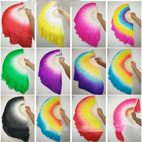 Classical Size 41cm(16") Real Silk Fan Veil Girl Women Size Half Circle Bellydance Performance Fan Props 1 Pair Wholesale