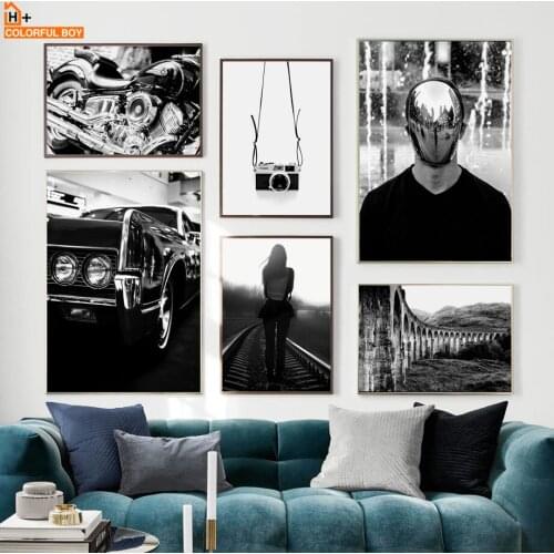 Vintage Motor Car Camera Girl Black White Nordic Posters And Prints Wall Art Canvas Painting Wall Pictures For Living Room Decor