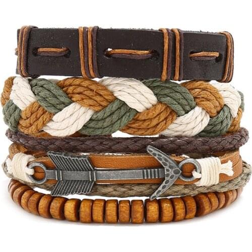 Vintage Arrow Fashion Men Cuff Bracelet Set Multilayer Braided Leather Charm Bangle Wrap Wristband Retro Punk Women Jewelry Gift