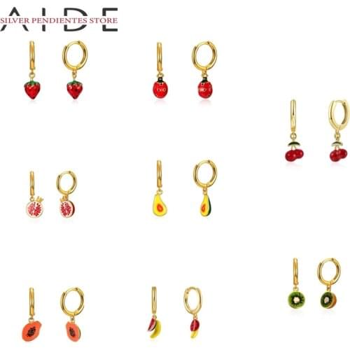 AIDE 9mm Summer Fruit Hpendant Hoop Earrings Women 925 Sterling Silver Strawberry Banana Earrings Huggie jewelry Aretes De Mujer