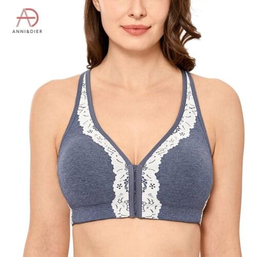 Womens Cotton Front Closure Bra Lace Wire free Full Figure Padded Plus Size Back Support