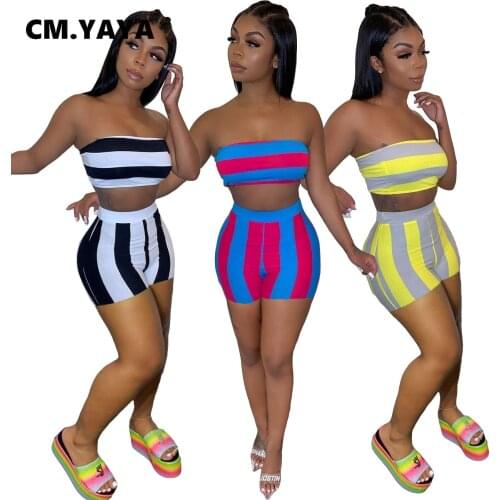CM.YAYA Active Striped Sweatsuit Womens Set Strapless Crop Topss and Shorts Matching Set Jogger Tracksuit Two 2Piece Set Outfit