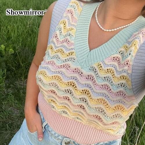 Showmirror Striped Sleeveless V Neck Vintage Sweater Vest Women Hollow Out Casual Crop Top Jumper Knitwear Autumn Summer