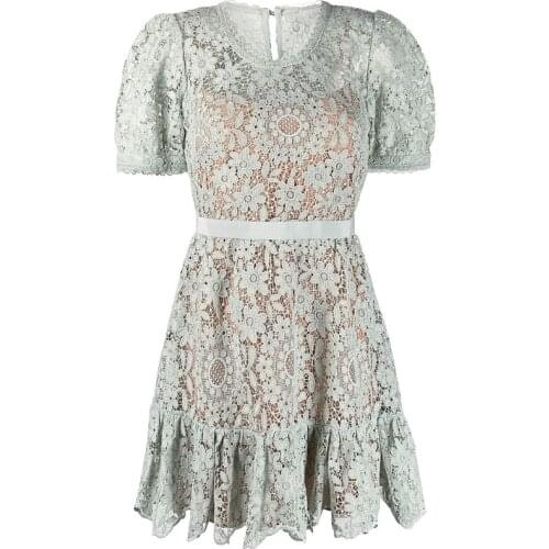 2021 Spring New Arrive Women Lace Dress Short Sleeve O-Neck Lady Hollow Out Floral Mini Dress