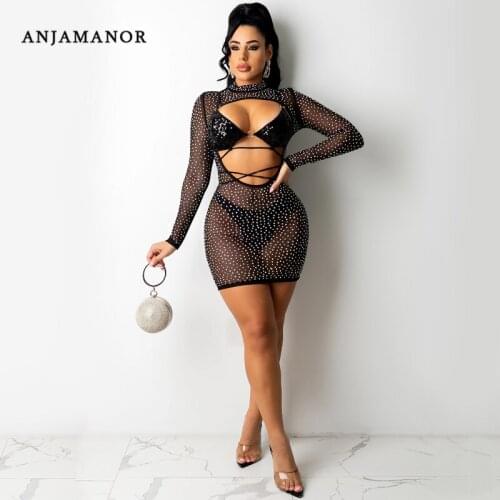 ANJAMANOR Rhinestone Sequin Mesh Bodycon Dress 2021 Fall Fashion Sexy See Through Club Clothes for Women 2 Piece Set D42-FG33
