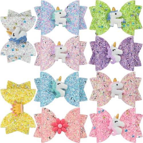 1 PC Girls Glitter Hair Bows Princess Hairpins Kid Barrettes Shiny 3 Inch Unicorn Animal Flamingo Rainbow Children Hair Clips
