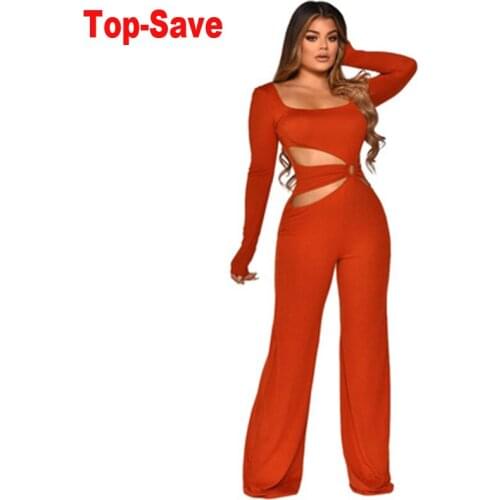 2021 Autumn Winter Solid Color Vintage Wide Legs Jumpsuit Women Long Sleeve Hollow Night Club Party Bodycon Overalls Wholesale