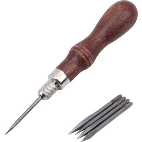 4 In 1 Sewing Awl Needles DIY Wood Handle Leather Stitching Awl Sewing Scratch Awl Canvas Leathercraft Leather Tools