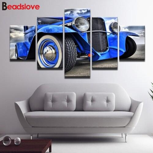 5 Piece 5d diy square round diamond painting vintage blue car patterns bead embroidery diamond mosaic Home Decor