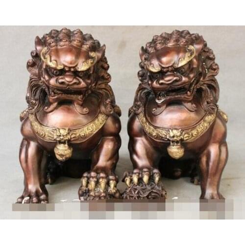 Big 11" Chinese FengShui Bronze Gilt Lion Door Guard Fu Foo Dog Ball Set Statue Pair