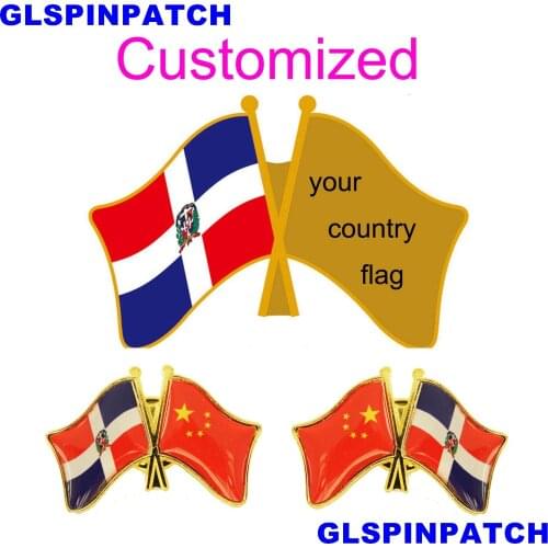 Dominican Re Crossed Friendship Flag Double Country lapel pin Brooch USA UK France Chile Russia Saudi Arabia Japan Spain Badge