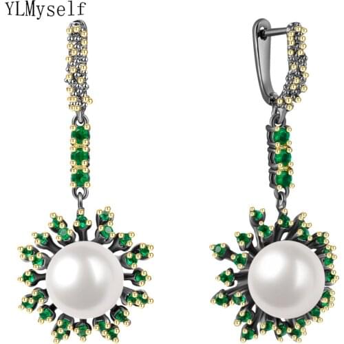 Long Pearl Drop Christmas Earrings Green CZ New Arrival Pretty Flower Jewelry For Party Best Gift For Wife