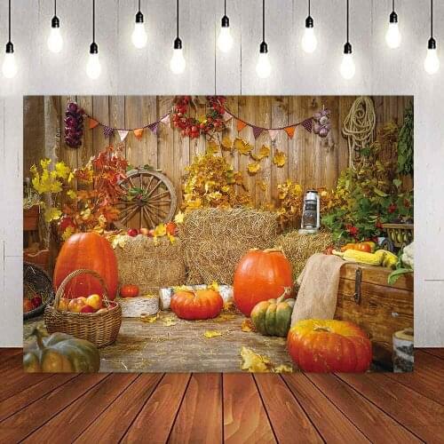 Golden Fall Backdrop Wood Warehouse Pumpkin Happy Birthday Bridal Shower Thanksgiving Party Background