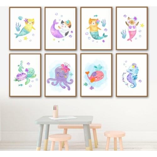 Mermaid Cat Whale Sea Horse Octopus Turtle Wall Art Canvas Painting Nordic Posters And Prints Wall Pictures Baby Kids Room Decor