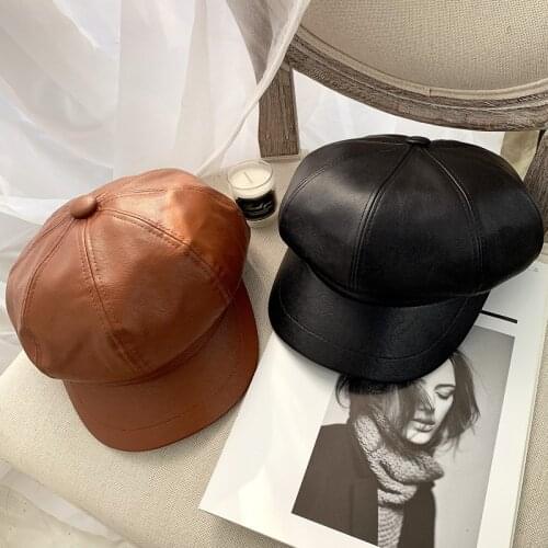 New Pu octagonal cap in autumn and winter 2020 British retro trend Beret Japanese fashion womens Leather Hat woman hat