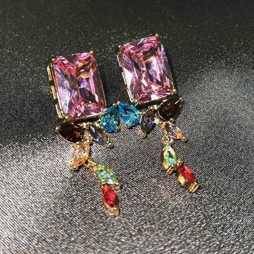 New geometric irregular inlaid zircon color splicing square horse eye earrings noble crystal gems jewelry