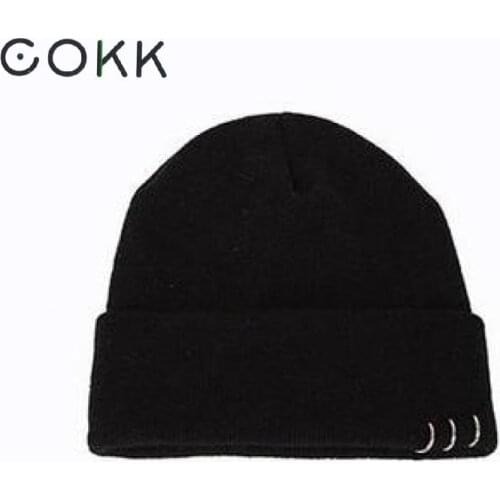 COKK Autumn Winter Hats For Women Girls Knitted Cap With Ring Hip Hop Korean Bonnet Beanie Hat Female Stretch Hats Gorras Black