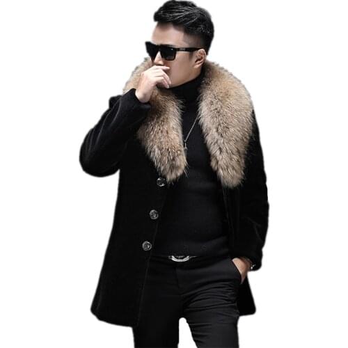 Real Fur Coat Mens Winter Jacket Real Sheep Shearling Fur Coats Raccoon Fur Collar Wool Coat Plus Size Chaqueta Hombre MY1653