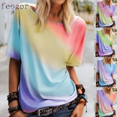 FEOGOR Casual womens clothing Summer plus size round neck rainbow gradient printed T-shirt loose top women Womens blouse