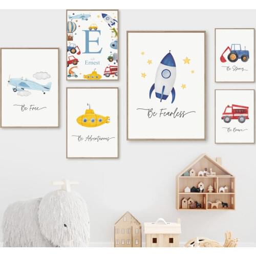 Rocket Airplane Fire Truck Alphabet Name Custom Wall Art Canvas Painting Nordic Posters And Prints Wall Pictures Kids Room Decor