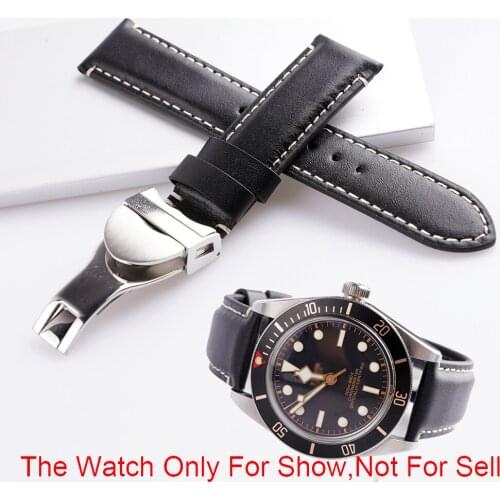 Rolamy 20 22mm Black Genuine Leather Replacement Wrist Watchband Strap Belt Loops Bracelets For Tudor Black Bay 58 Seiko SKX