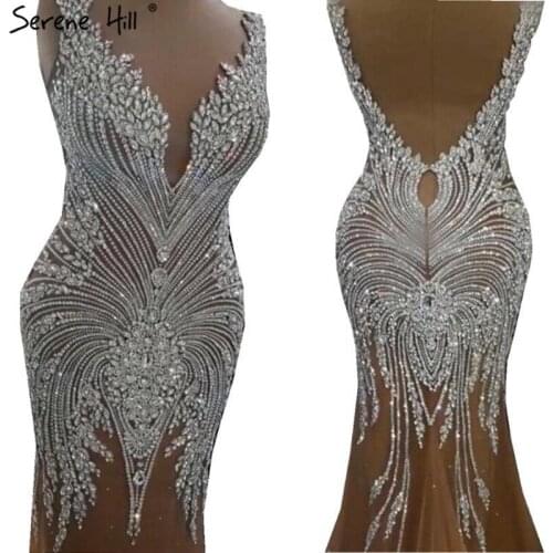 Luxury Gold Mermaid V-Neck Sexy Evening Dresses 2020 Sleeveless Sparkle Diamond Formal Dress Serene Hill LA70549