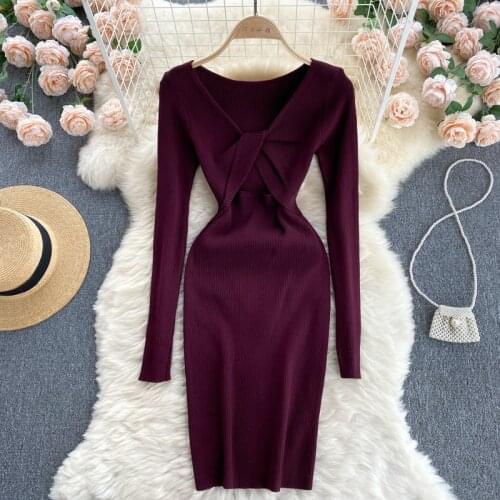 Teeuiear sexy knot hollow out Autumn Bodycon party short dress Knitted Sweater casual stretch Winter Women sheath club dress