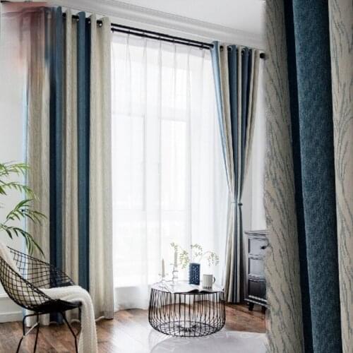 Mediterranean Modern Minimalist Style Blue Vertical Chenille Jacquard Blackout Curtains for Bedroom Living Room Curtains