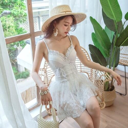 Closed Swimsuits One Piece Swimwear Swim Wear Dress Suit Swimming Gir Swimsuit For Girl New Lace Screen Fairy Fan Qinglu Push
