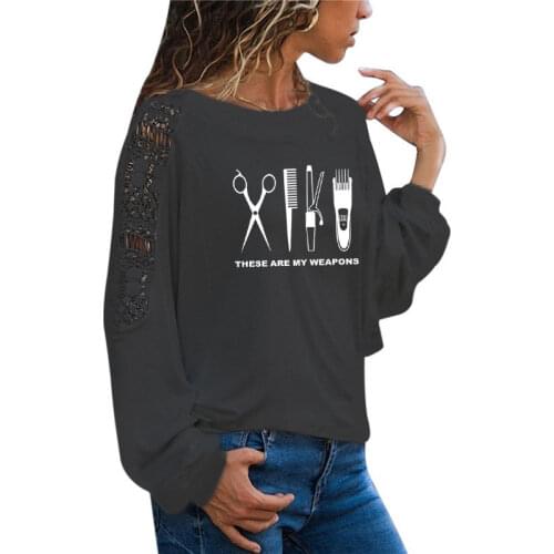 Barber T Shirt Women Long Sleeve O-Neck Hairdresser Weapon T-shirt Woman scissors Clothing Tops Girl Casual Loose Lace Top Tees