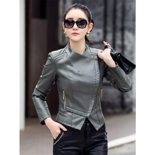 Stand Collar 2020 New Spring Autumn Clothing Leather Jacket Women Short Korean Slim Locomotive Jacket Coat Lady Outerwear K844