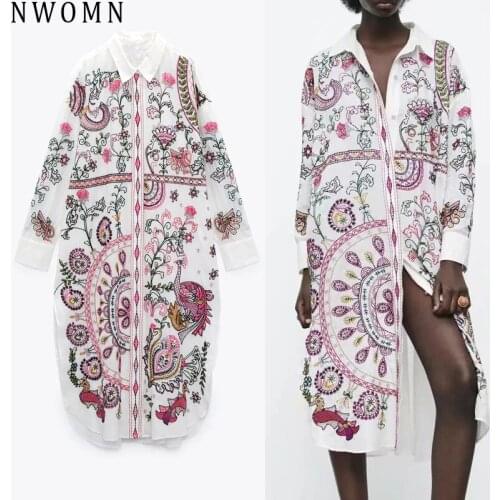 NWOMN Za 2021 White Shirts Woman Oversize Print Floral Blouse Women Casual Loose Button Up Shirt Collared Long Sleeve Summer Top