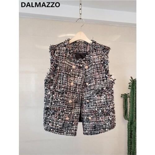 Women Fashion Double-breasted Pearls Vest Short Coats 2020 New Autumn Tweed Wool Warm Pocket Tassel Plaid Sleeveless Jacket Coat