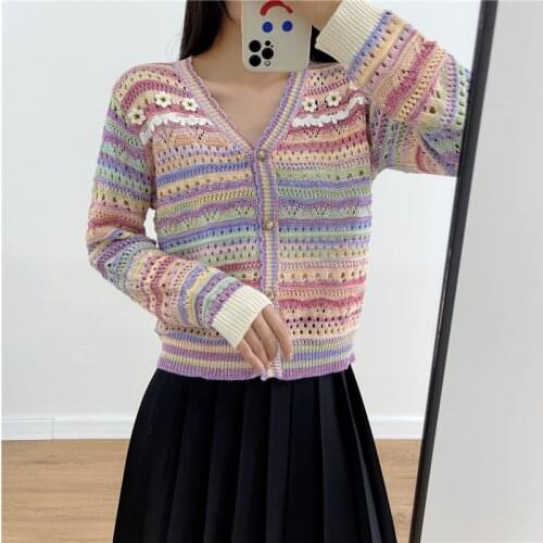 Oversized Hollow Out Cropped Cardigan Women 2021 Colorful Striped Sweater Coat Korean Fashion V-Neck Single Breasted Cardigan