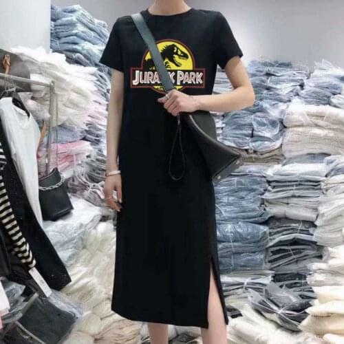 Oneimirry Women Letter Jurassic Park Cartoon Dinosaur Dress Solid Color Simple Print Summer 2021 Short Sleeve Casual Dresses