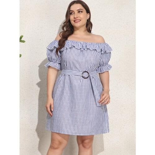 The new summer large - size stripe waist dress leisure a word collar urban fashion womens wear