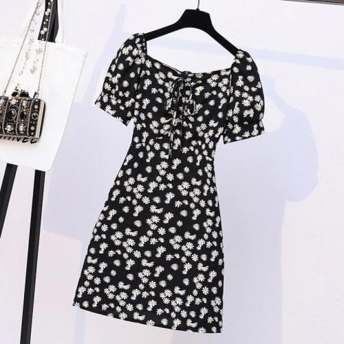 Women Small Daisy FloralDresses Summer 2021 SexySquare collar Boho Beach Dress Ruffle Short Sleeve A Line Mini Large sizeDress