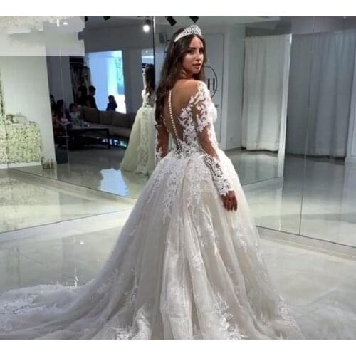 E JUE SHUNG Sexy Boat Neck Ball Gown Wedding Dresses Long Sleeves Lace Appliques Button Back Boho Wedding Gown Robe De Mariee