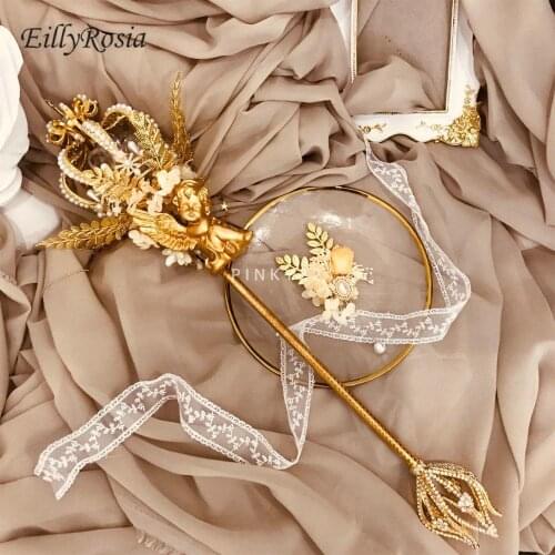 EillyRosia Gold Bridal Scepter Holding Flower Crystal Crown European Luxury Queen Scepter Creative Custom Made Wedding Bouquet